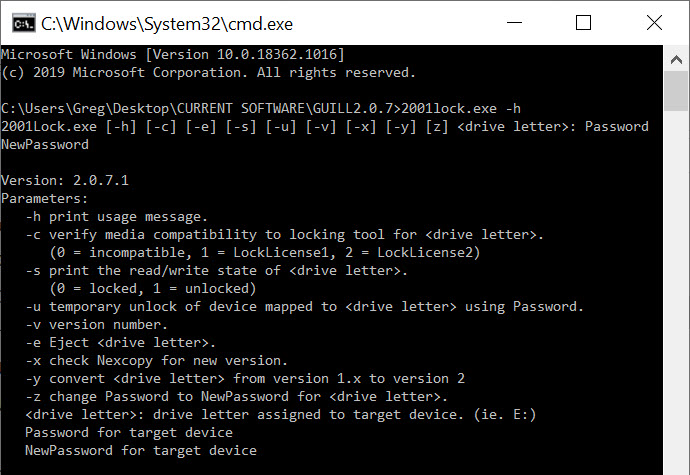 Command line screen shot to send commands to Lock License USB write protect media, by Nexcopy Inc.