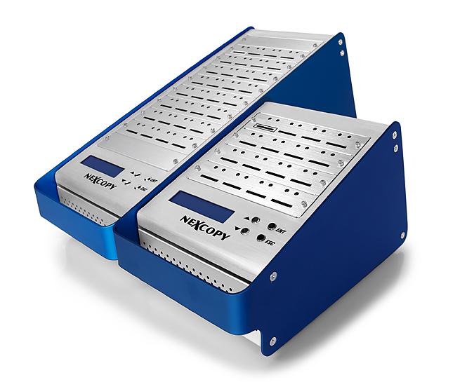 Nexcopy standalone SD duplicator systems, blue anodized aluminum sides and silver top, portable SD copier
