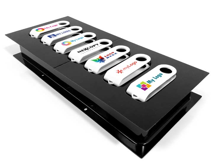 USB7P flash drive printer tray with printed USB clips