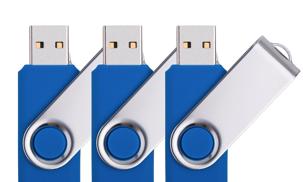 USB flash drive copy protection with Nexcopy CopySecure software, image of stock flash drives with a blue body and silver swivel clip