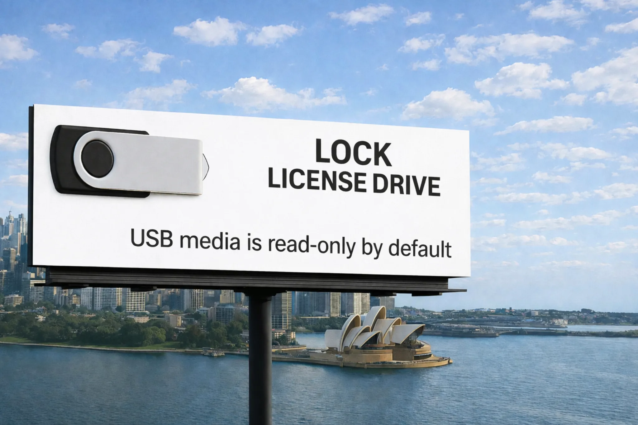 The Lock License drive USB flash drive is read-only by default; files are visible to anyone, and a password is required to temporarily enable write access.