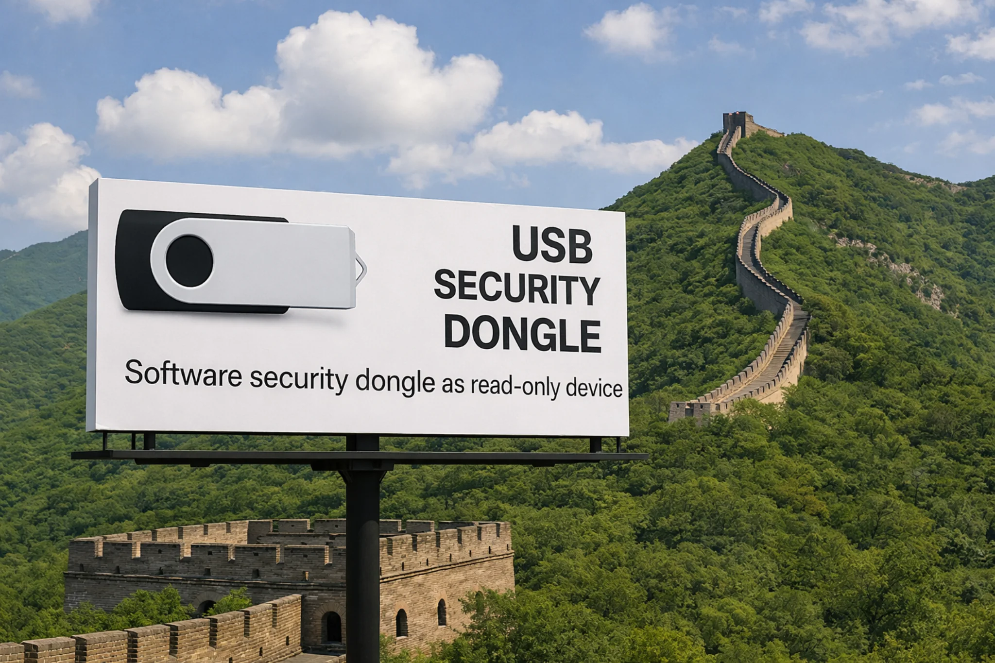 A USB Security Dongle where the device functions as a read-only physical security dongle for software authentication.