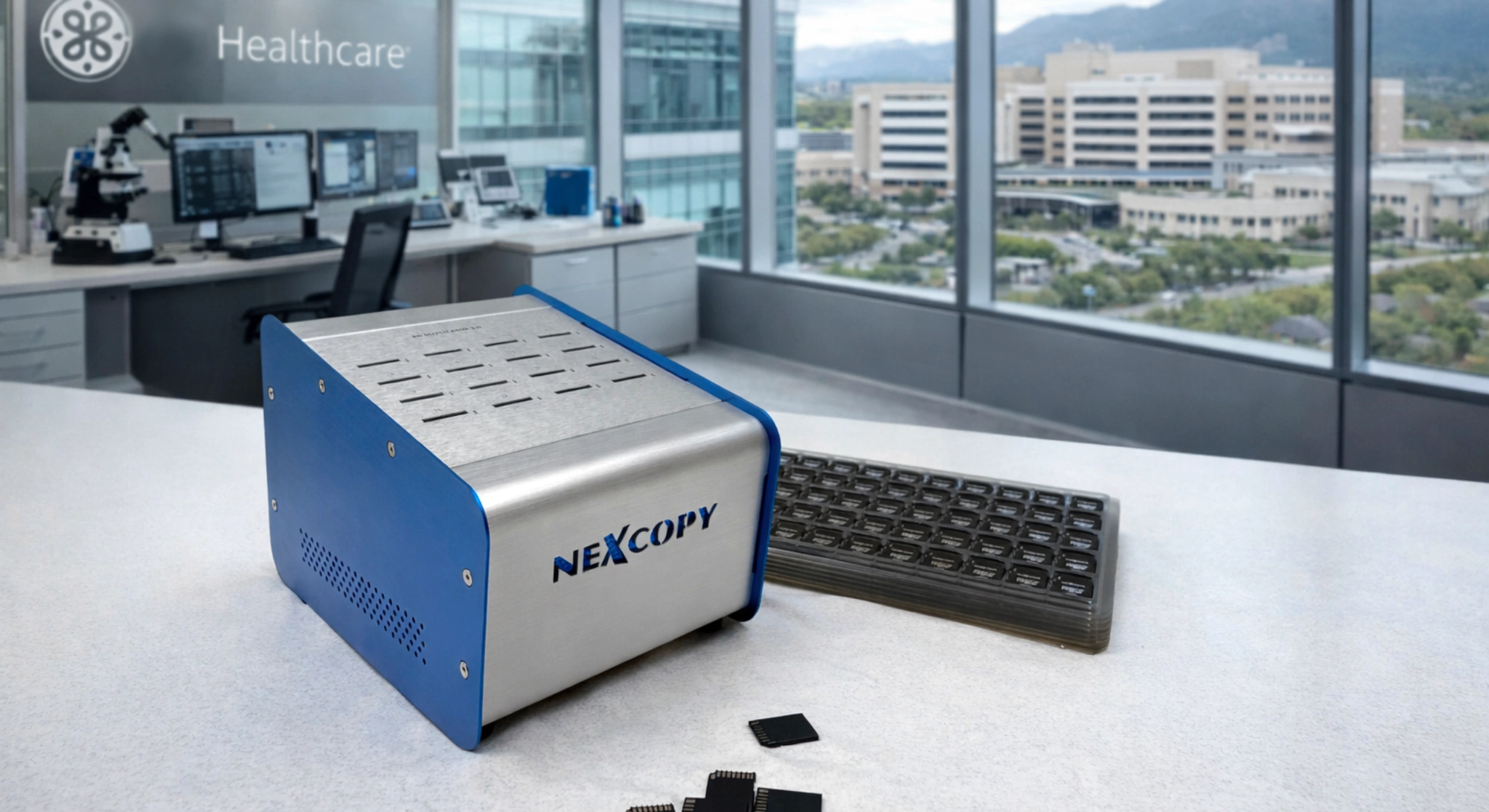 Nexcopy SD card duplicator, field scene